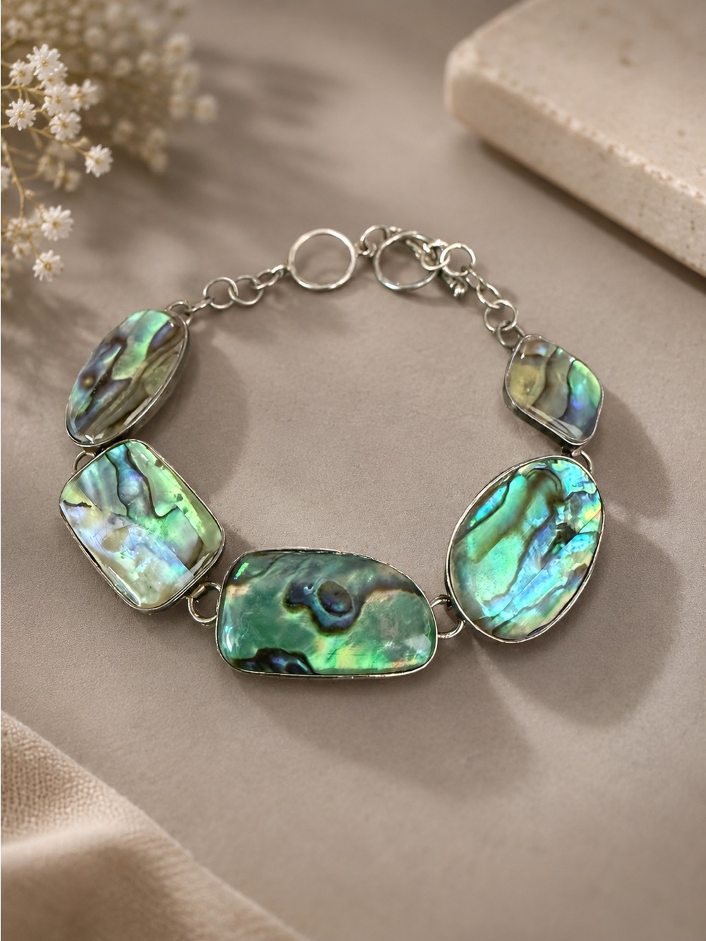 Abalone Shell Link Bracelet in Iridescent Green